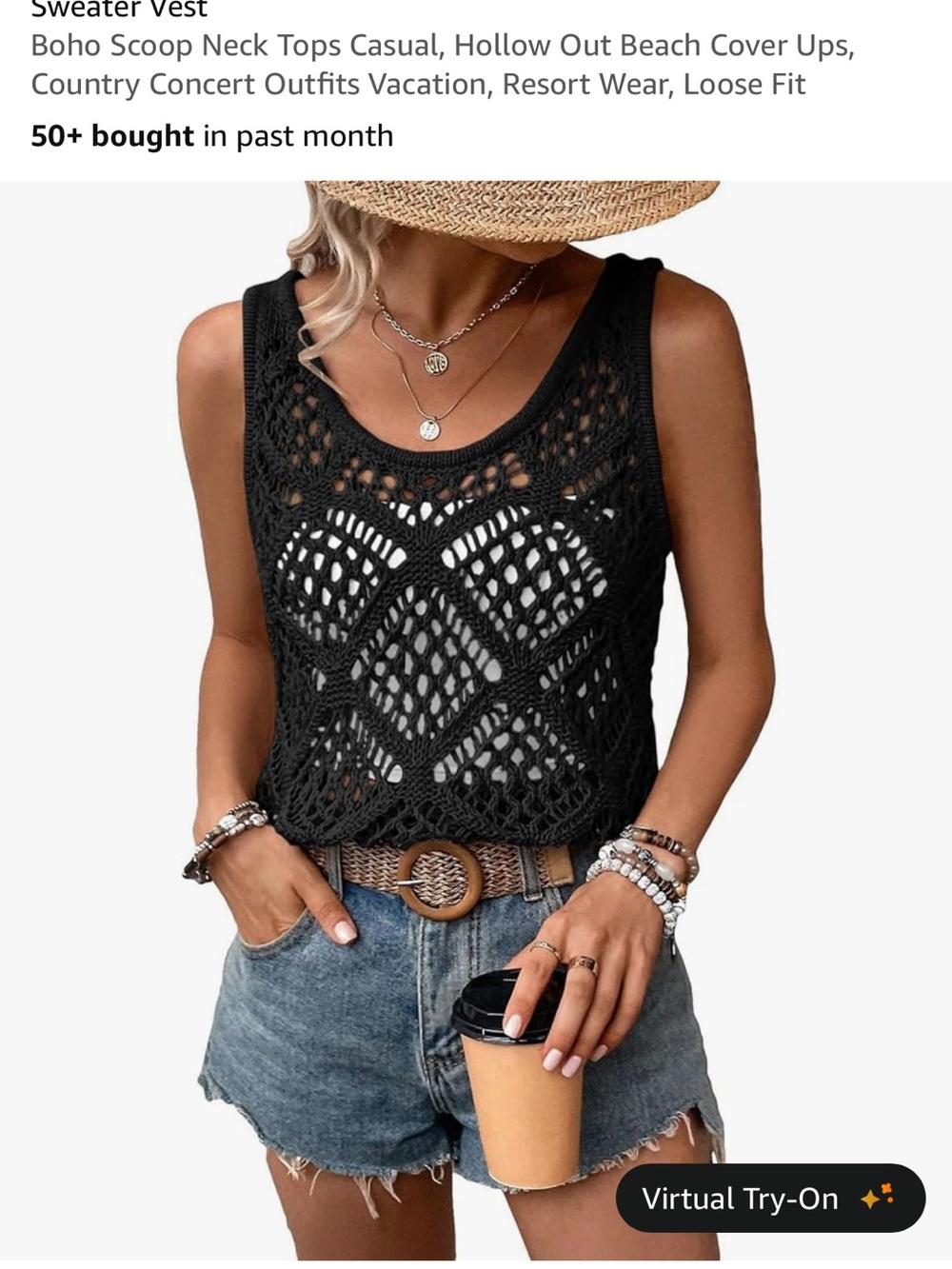 Boho Crochet Scoop Neck Tank Top - Black